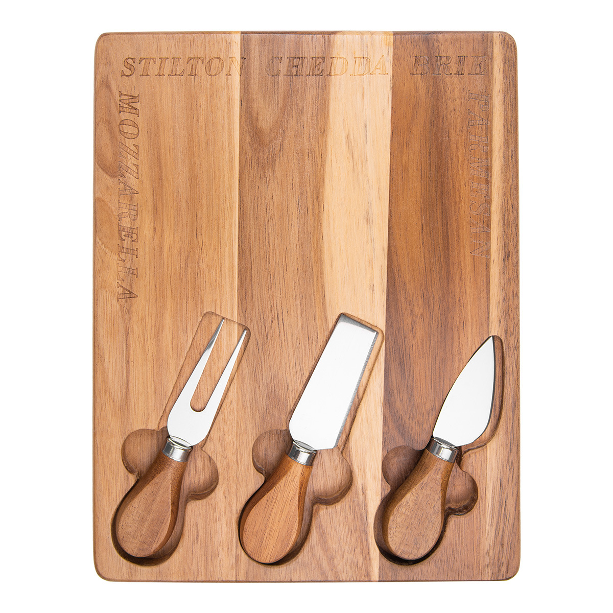 Acacia Wood Cheese Board Set – 3-Piece Stainless Steel Cheese Knives with Engraved Wooden Tray